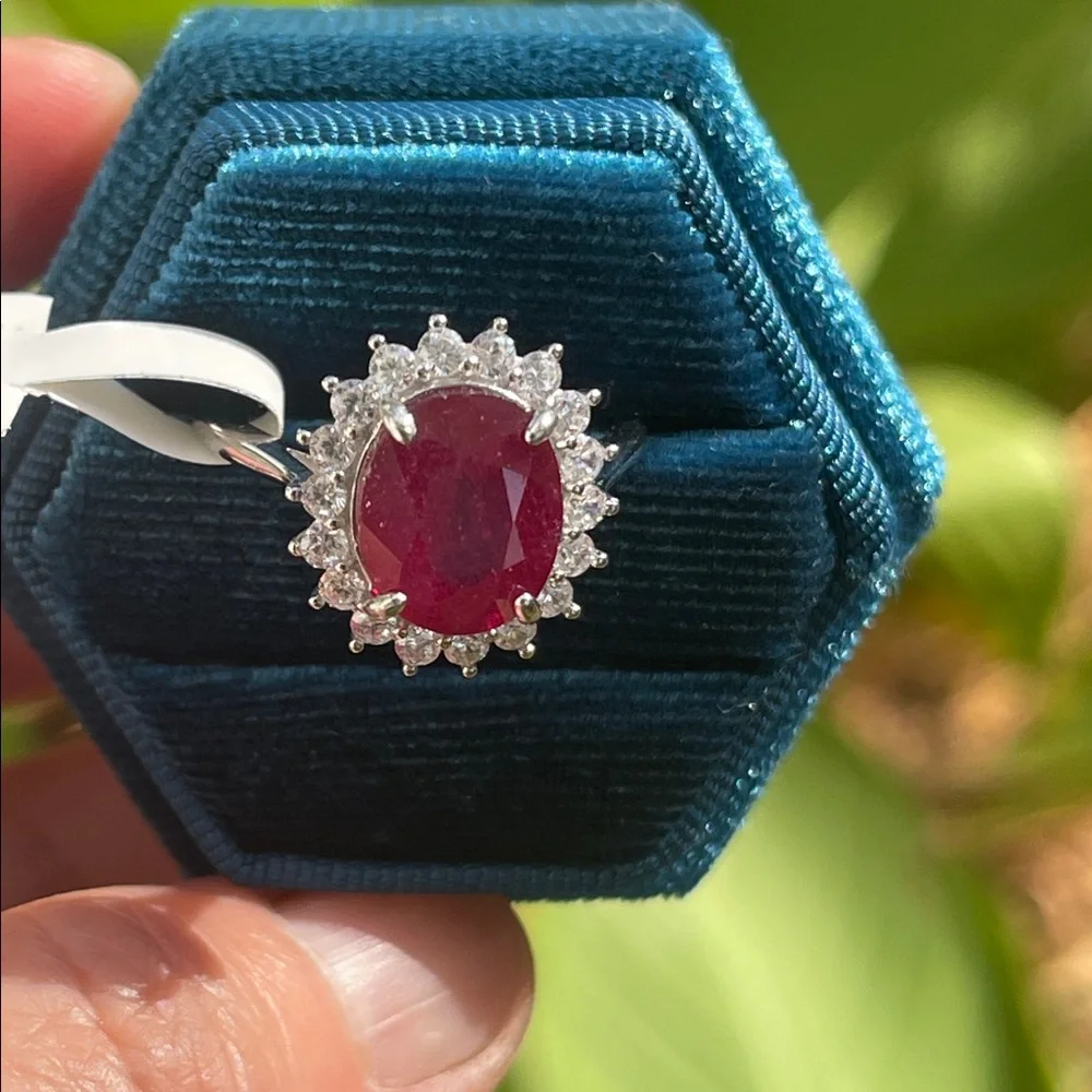 NWT Mozambique Natural Ruby Oval 10.6X8.8mm CZ Accents Ring 925 Silver Size 7.5